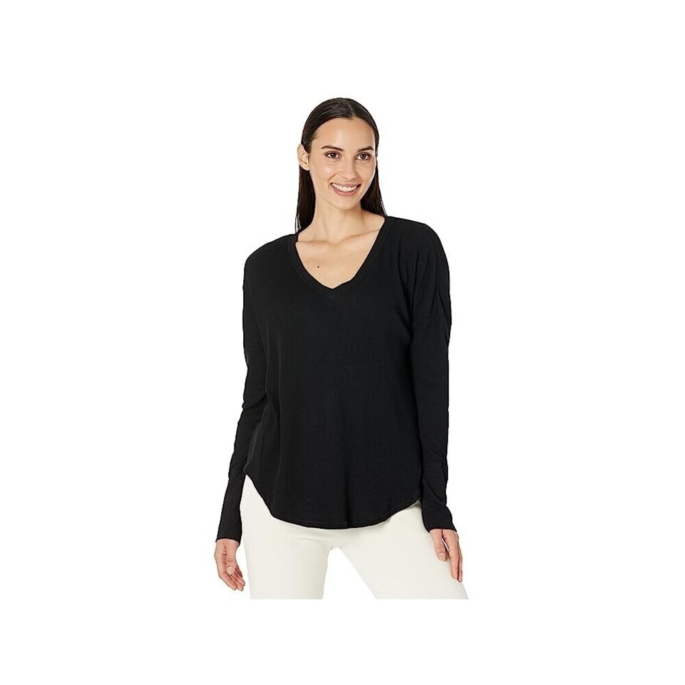 Mododoc Top Women's Small Black Slub Jersey Long Sleeve V-Neck Tunic DDR268